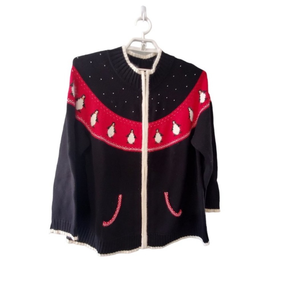 🐧Quacker Factory Black and Red Penguin Knit Cardigan with Zipper! Pearl Accents!